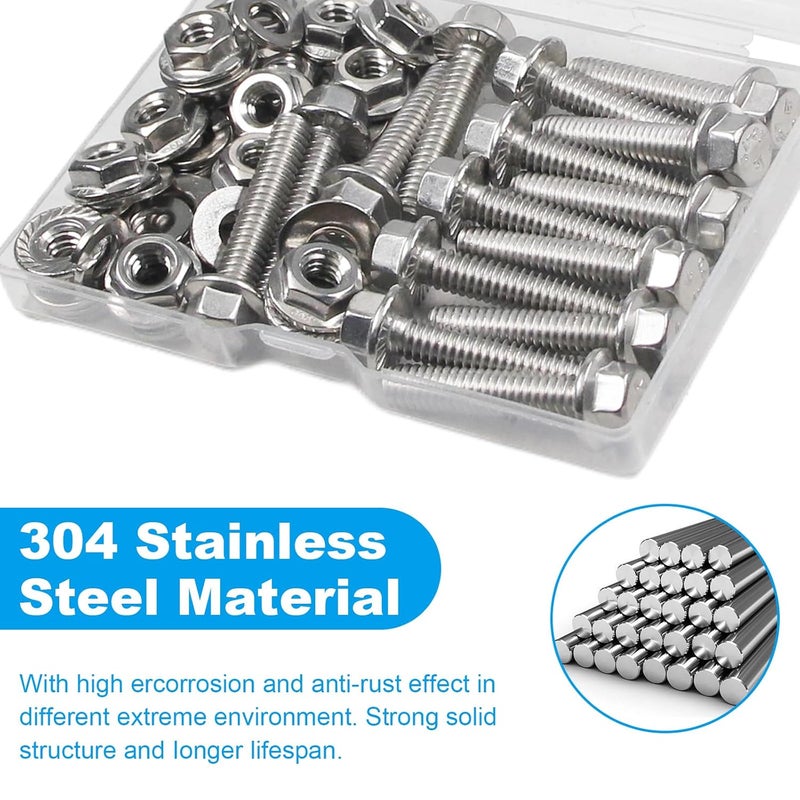 Yinpecly 15 Sets 1/4-20 x 3/4" Flanged Hex Head Bolts Kits, 1/4-20 Flange Hexagon Screws and Nuts,Flat & Spring Lock Washers, 304 Stainless Steel 18-8,Fully Threaded - Image 4